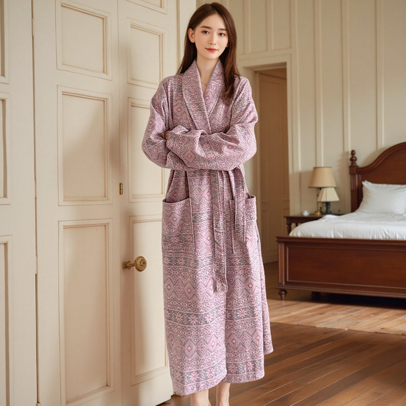 Victoria Pure Cotton Nightgown for Women 2026 New Style Fair Isle Spring and Autumn Double-Layer Gauze Absorbent Bathrobe Home Wear