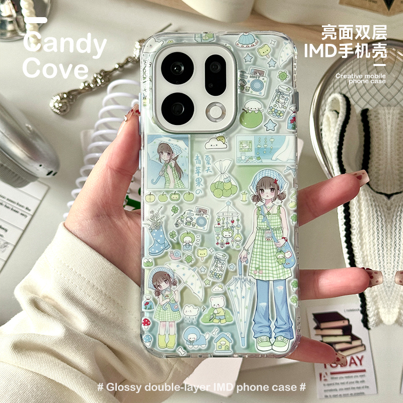 "Summer Green Apple" Candy Bay Oppofindx8Ultra/X9Pro Glossy Phone Case with a Girly Heart, Double-Layer Imd Sweet Japanese-Style Cute Summer Phone Case