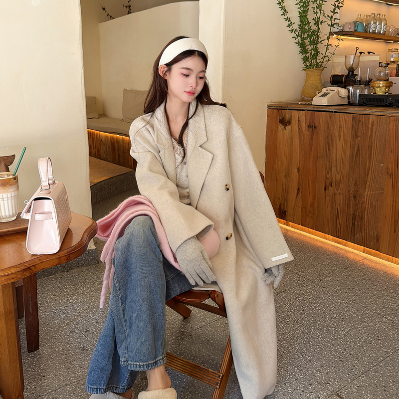 Suit Collar Wool Double-Sided Woolen Coat for Women, New Style for Petite Figures, Loose Fit, Autumn and Winter, High-End Mid-Length Woolen Coat Suit Collar Wool Double-Sided Woolen Coat for Women, New Style for Petite Figures, Loose Fit, Autumn and Winter, High-End Mid-Length Woolen Coat