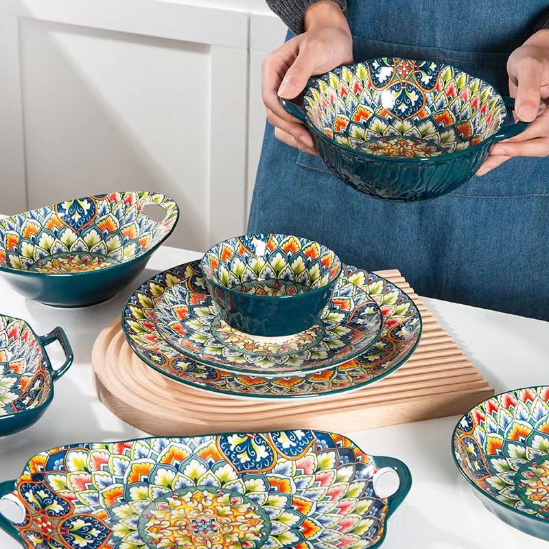 Bohemian Style Plate 8inch Shallow Plate 2023 New Model High Aesthetic Ethnic Style Plate Ethnic Characteristic Ceramics