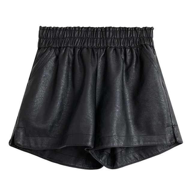 A7seven black PU leather shorts women's outerwear autumn and winter new loose high waist slim wide leg super shorts tide