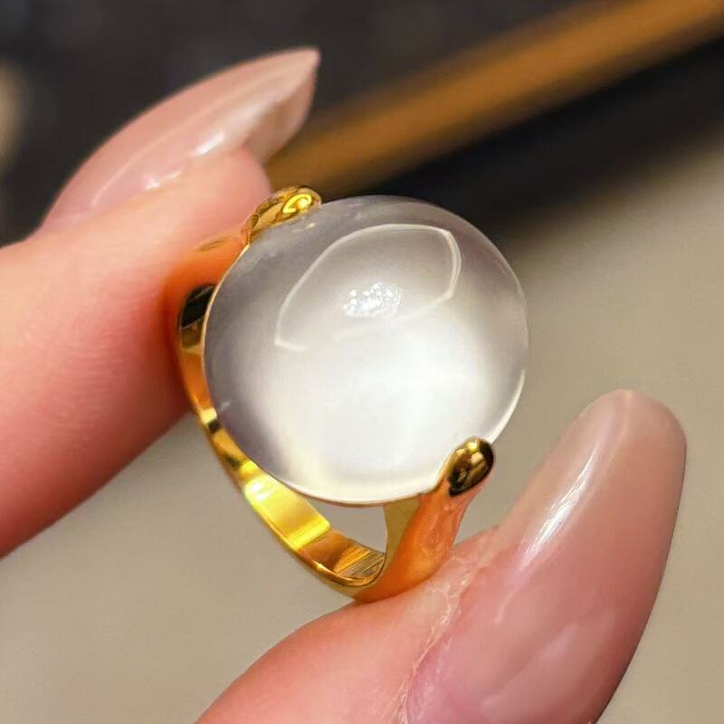 Vising Jewelry Natural Quartz Jade Water Foam Jade Ring High Ice White Moonlight Pigeon Egg Gold Color S925 Vising Jewelry Natural Quartz Jade Water Foam Jade Ring High Ice White Moonlight Pigeon Egg Gold Color S925