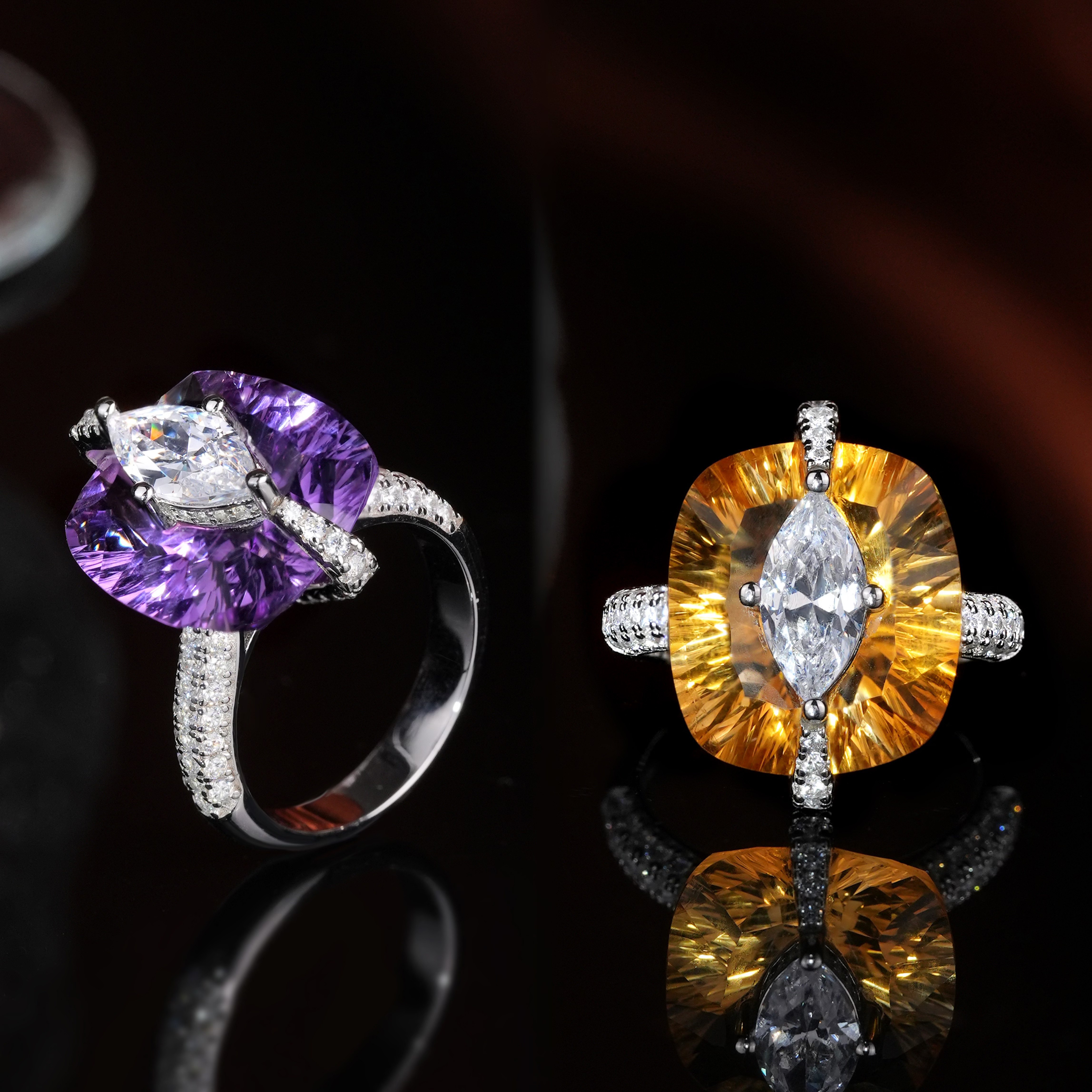 VISING jewelry natural amethyst citrine stone on stone full body millennium cut ring S925 silver gold plated