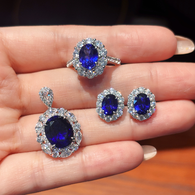 Vising Cultivated Sapphire Royal Blue Pendant Ring Earring Set S925 Silver Gold Plated the Flame Melting Method