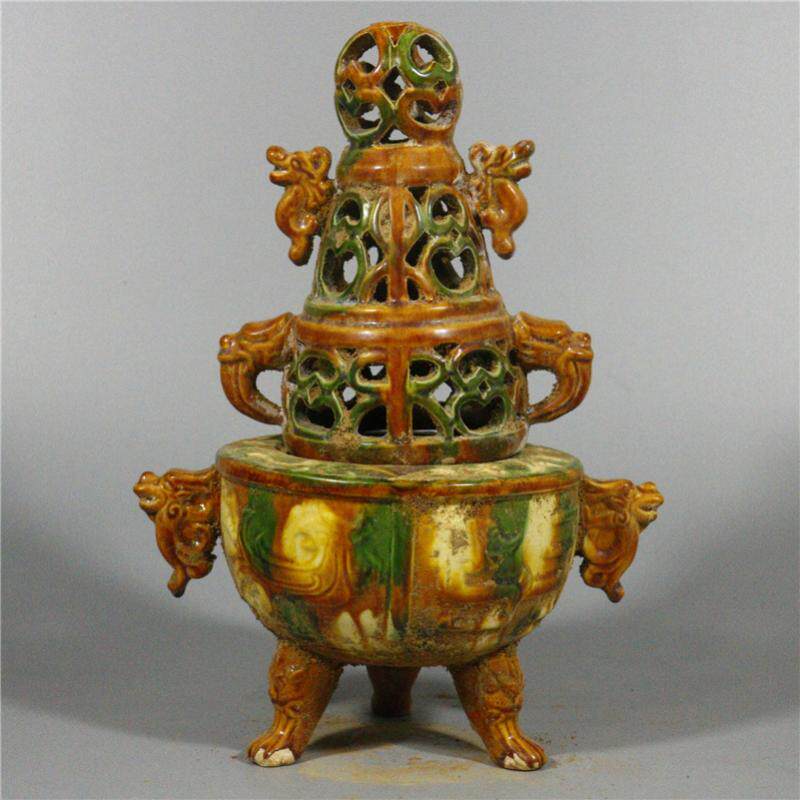 Tang Tri-color Engraving Hollowed-out Three-Colored Three Foot Incense Stove Tripod Stove Porcelain Home Chinese Pendulum Pieces Ancient Play Antique Collection-Taobao