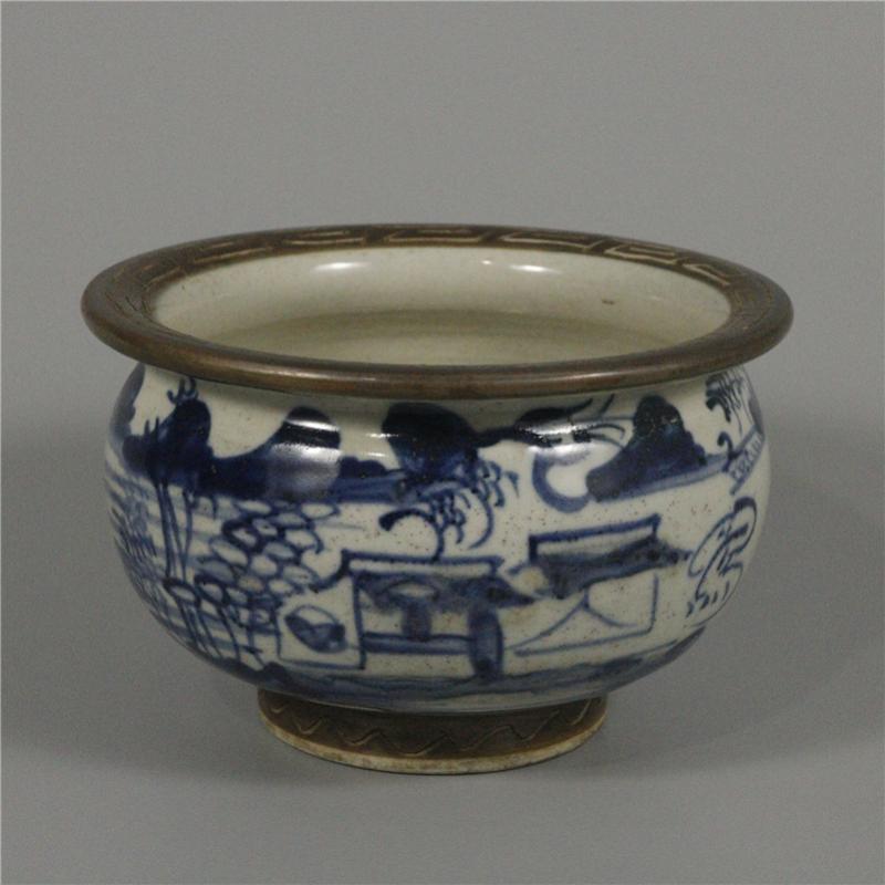 Late Qing Pure Hand Hand-painted Green Flowers Landscape Figure Incense Stove Ancient Play Antique Folk Old Objects Bogu Shelf Collection-Taobao