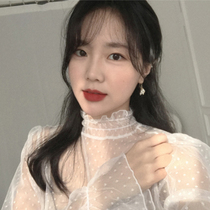 Very immortal net gauze bottoming foreign-style small shirt top female autumn and winter new high-neck wave point horn sleeve lace shirt