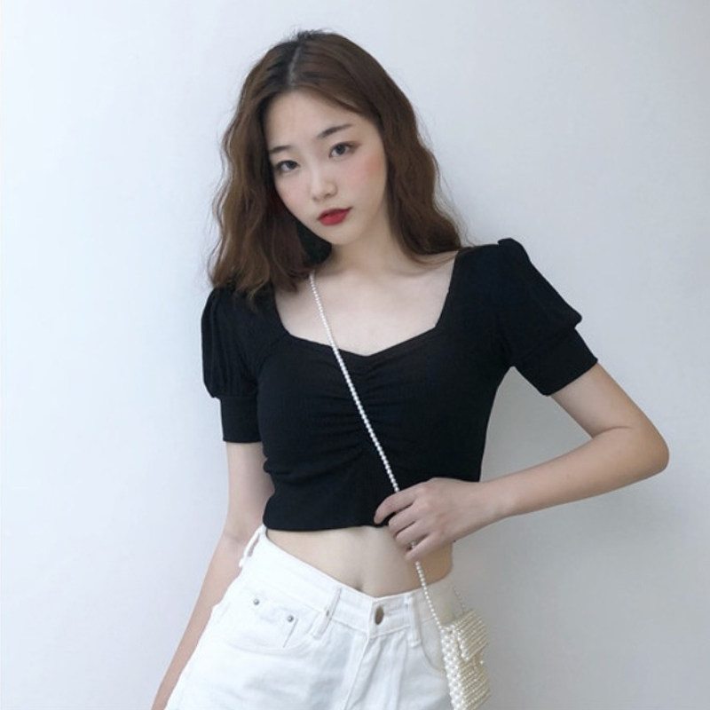 Truffle Shorts Blouses Women's Summer 2022 New Face-style Retro Design Sensation Slim Leakproof Collarbone Short Sleeve T-Shirt Woman