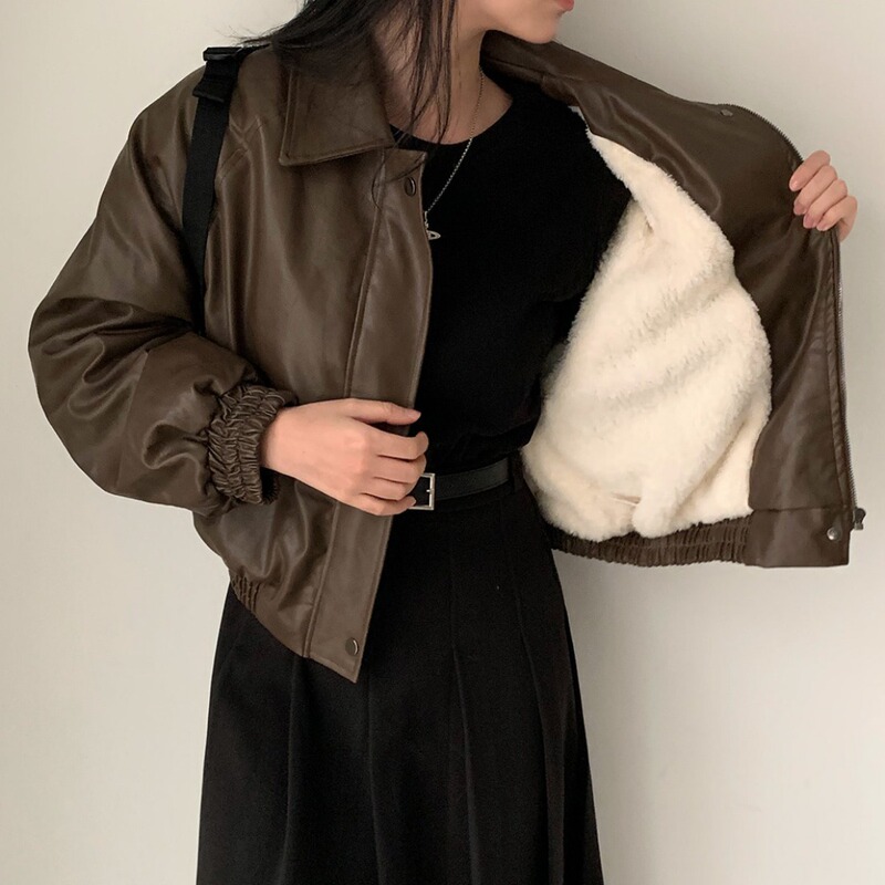 Korean Chic Autumn and Winter High-End Style Zipper Lapel Long-Sleeve Loose Versatile Fleece-Lined Short Leather Jacket for Women