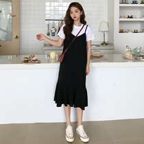 Black suspender skirt women Summer 2019 new chic hipster long ruffle over knee fairy dress