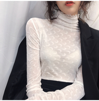 Lace base shirt Women autumn and winter 2020 new long sleeve T-shirt sexy perspective mesh semi-high collar inner top tide