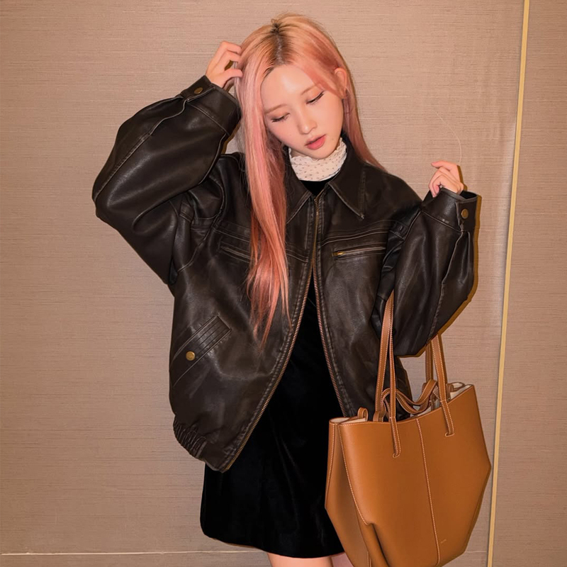 Autumn Celebrity Style American Retro Loose Leather Jacket for Women, Black Lapel Biker Jacket, Cool and Stylish Korean Style