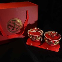Little red book with hand-made tea cup ancient style double happy change Tea Bowl set festive red wedding gift props