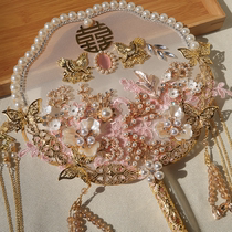 Pink Xiuhe brides flowers Chinese ancient fan with flowers Han Dragon Fengxiang Chinese show fan holding flowers