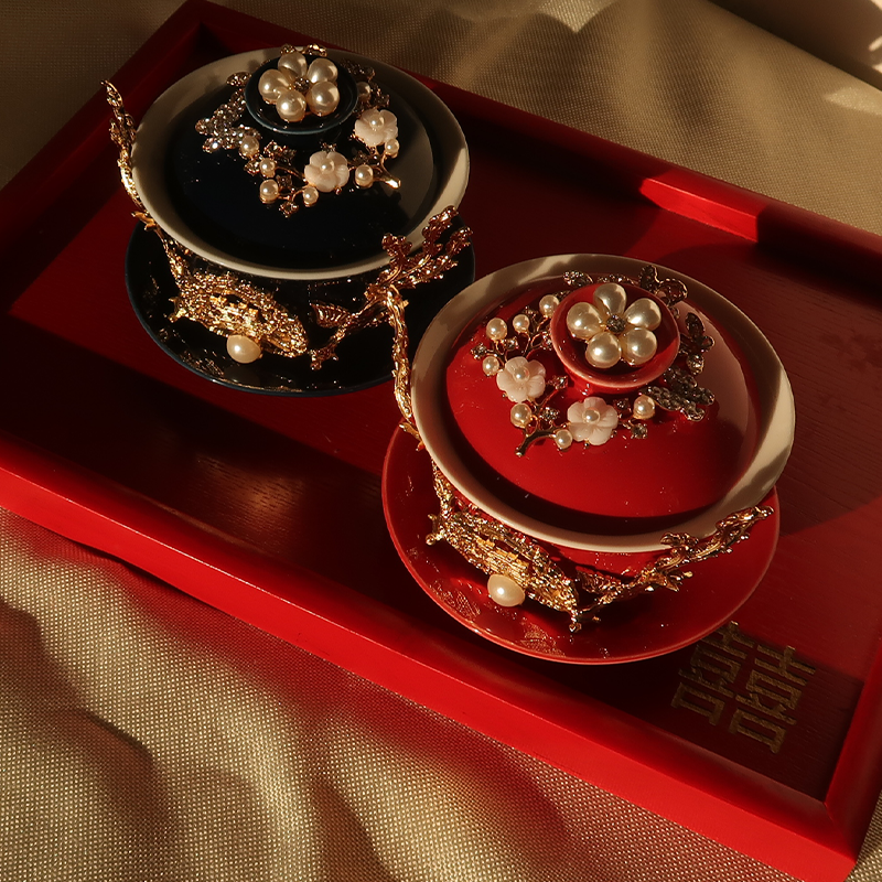 Hand-made tea cup cup Chinese bride changed red ceramic cup wedding bowl wedding ceremony wedding ceremony