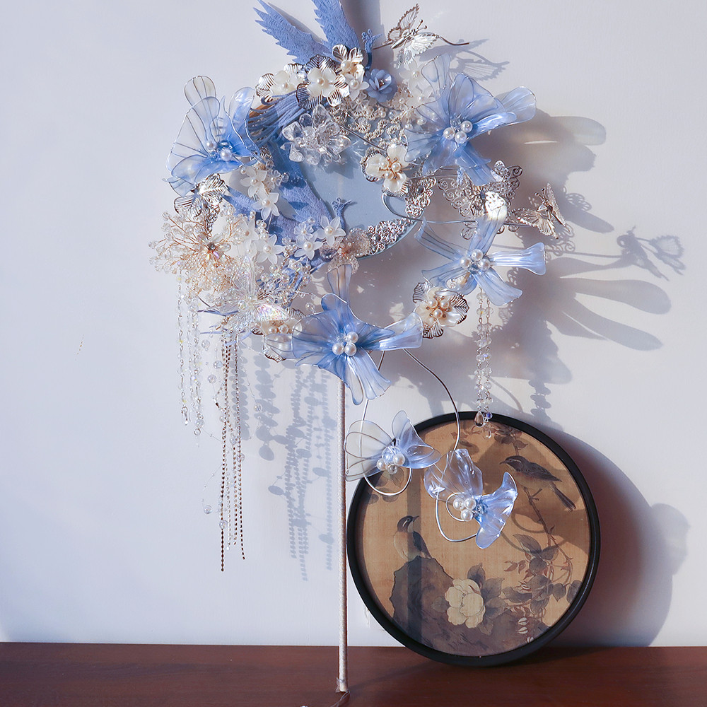 Bride Group Fan Handmade Material Bag Blue Bifacial Advanced Finished Delight Fan Out Of Chinese Style Show and Wedding Fan-Taobao
