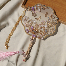 Bride Wedding Group Fan Light Blue Pink Purple Water Drill Chinese Wedding Ancient Wind Hand Holding Flowers Show and Festive Fan Material Bag