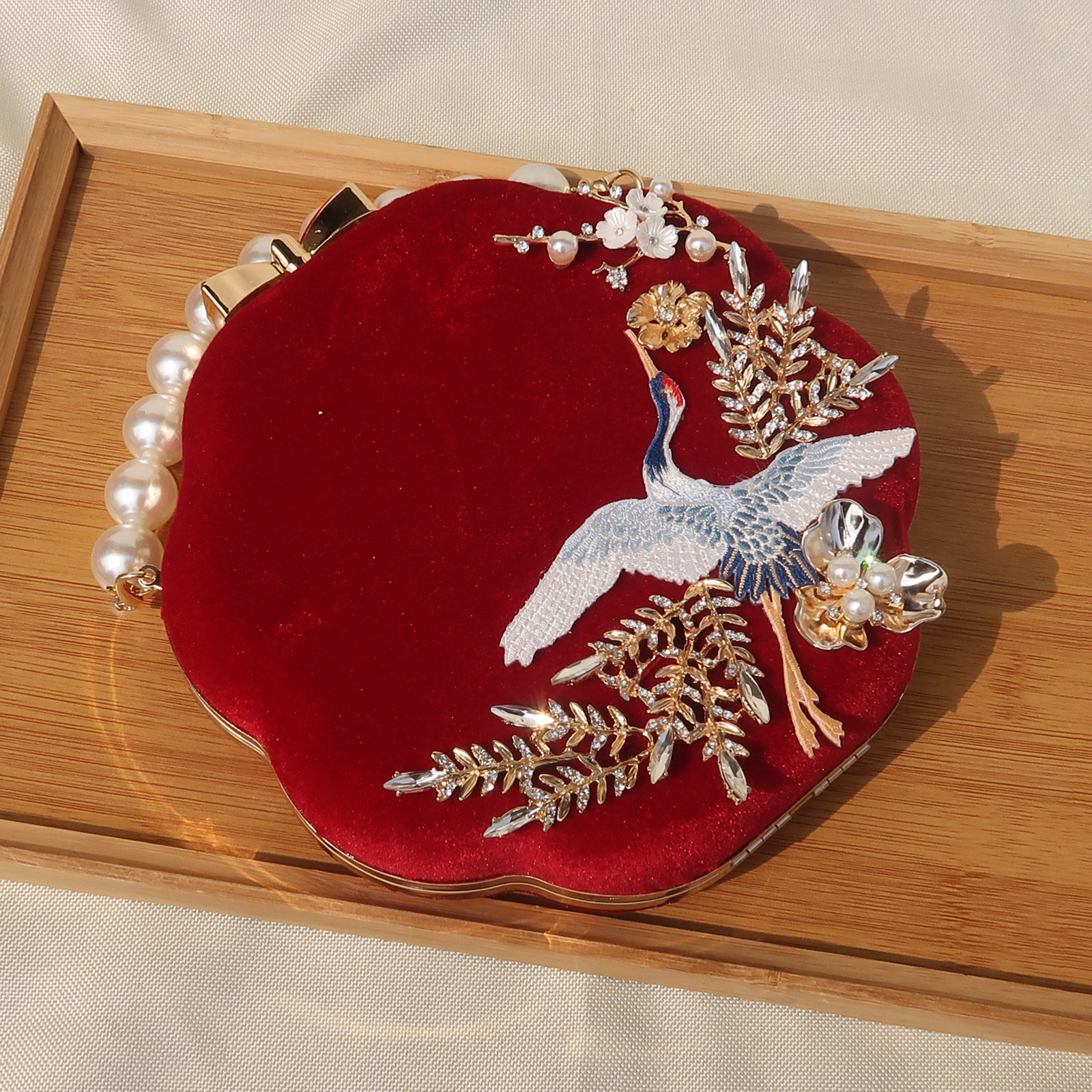 Velvet red crane handbag bag bag bag bag bag bride wedding bag wedding gift