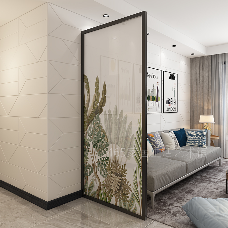 Art sandwich glass partition screen sliding door custom narrow frame Nordic simple modern shelter home feng shui
