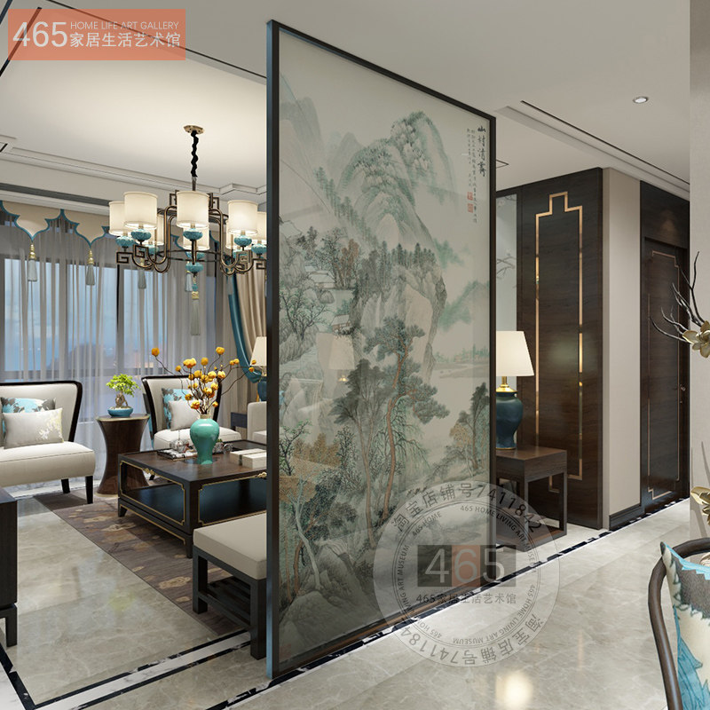 Art Glass Custom Chinese Living Room Xuanguan landscape painting Calligraphy Painting Screen Partition Hill Village Clear-cut Silk Glass