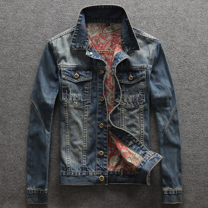 Autumn Denim Jacket for Men, Short Korean Style, Slim Fit, Paisley Pattern, Washed, Vintage Jacket, Casual Top