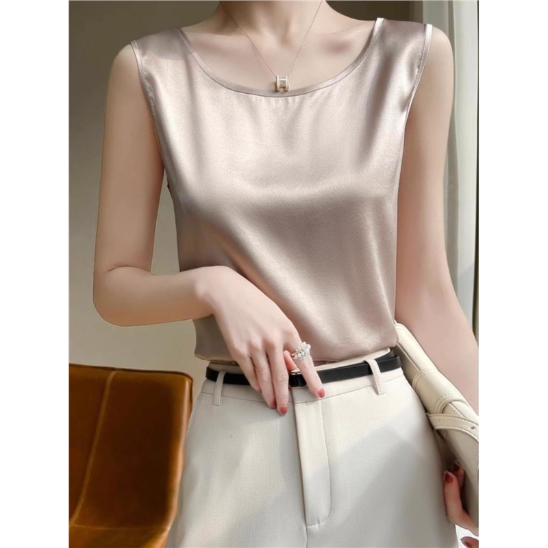24 Spring/Summer New Acetate Satin Camisole for Women, Round Neck Inner Top, Silk Sleeveless Base Layer for Matching with Suits