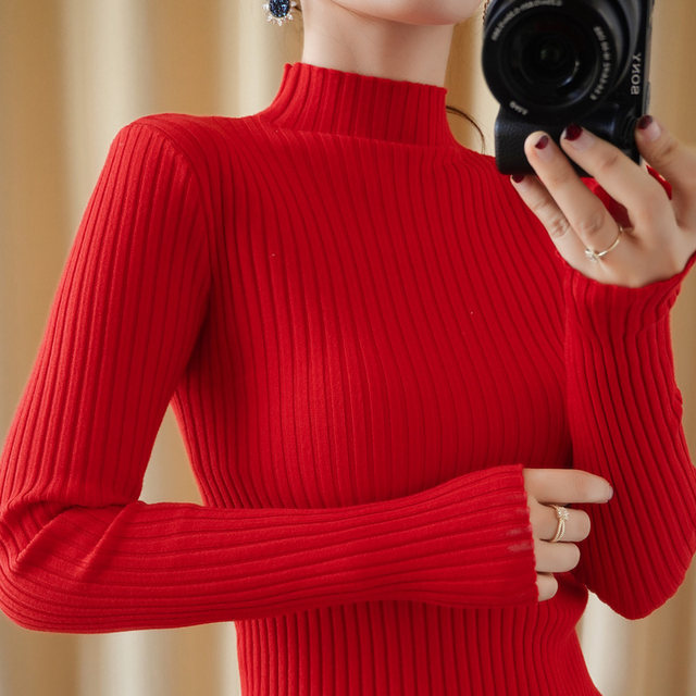 New autumn and winter long-sleeved versatile cashmere sweater bottoming half turtleneck striped sweater women's slim short pullover sweater