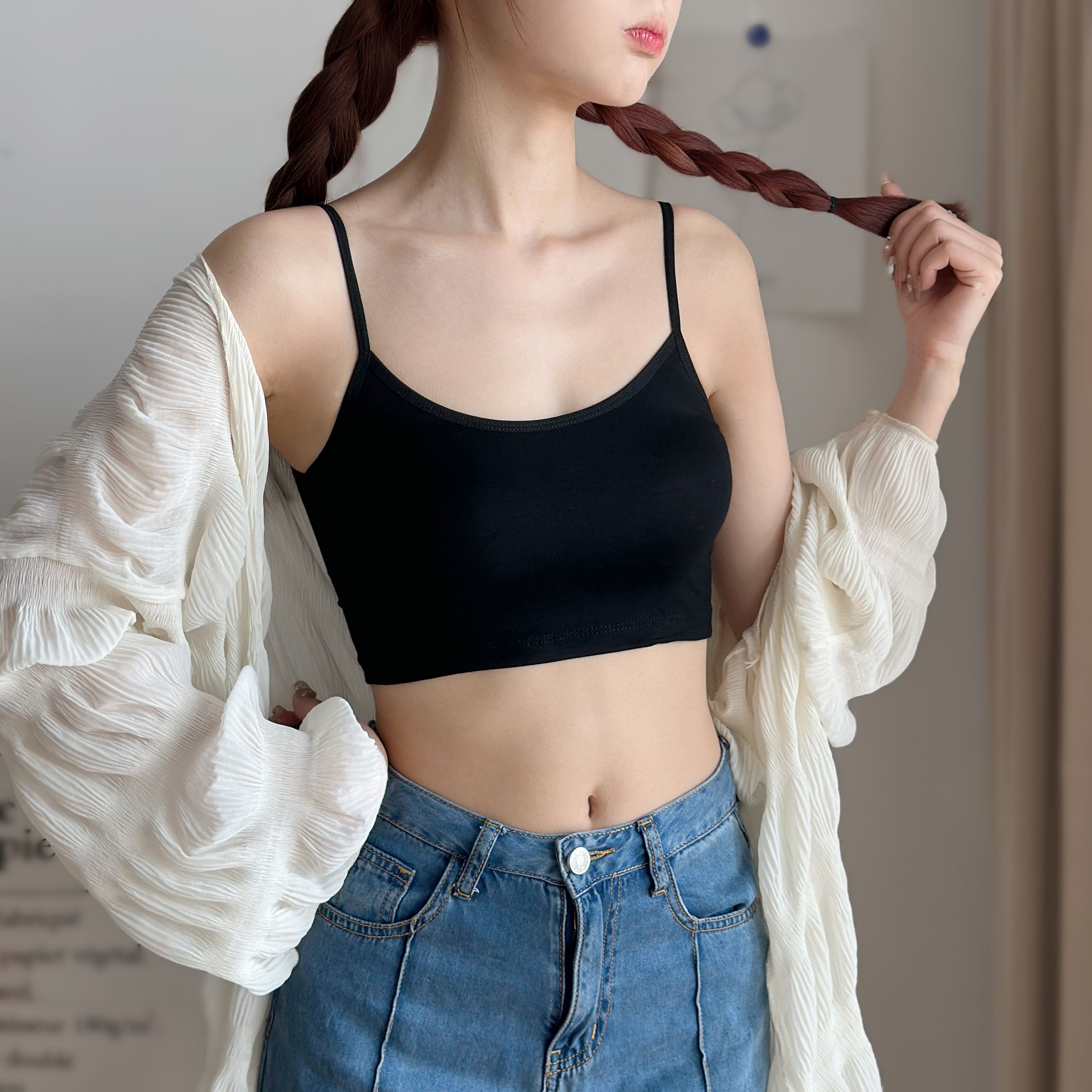 Modale harness small vest slats bottom white anti-walking light to cover female summer one piece of inner lap wrap chest underwear-Taobao