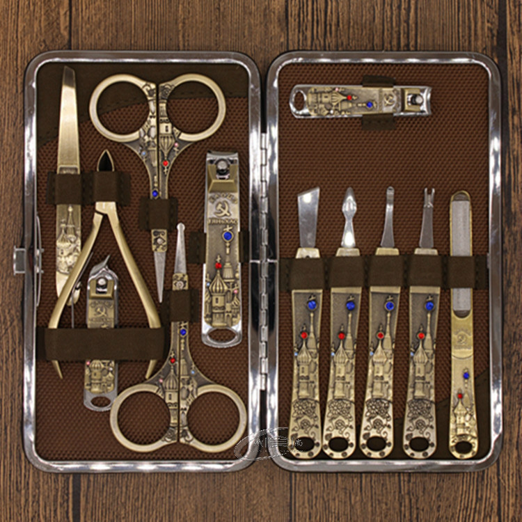 Russian Castle Nail Set 12 pieces Manicure Manicure Nail clipper Diamond Set Bronze leather Gift box