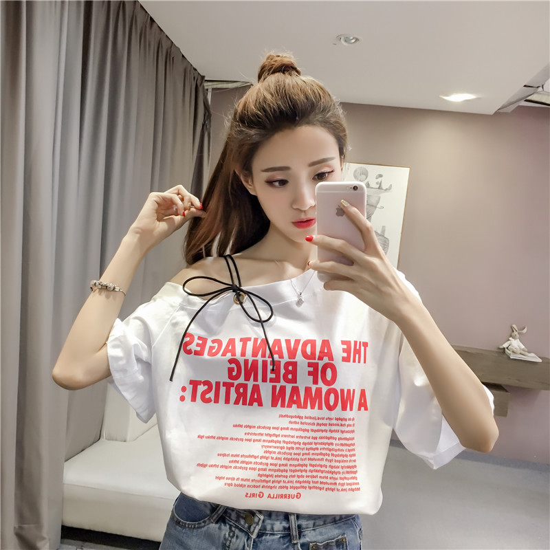 娃娃家潮流女装店铺百搭一字领露肩中长宽松短袖T恤上衣ins超火体
