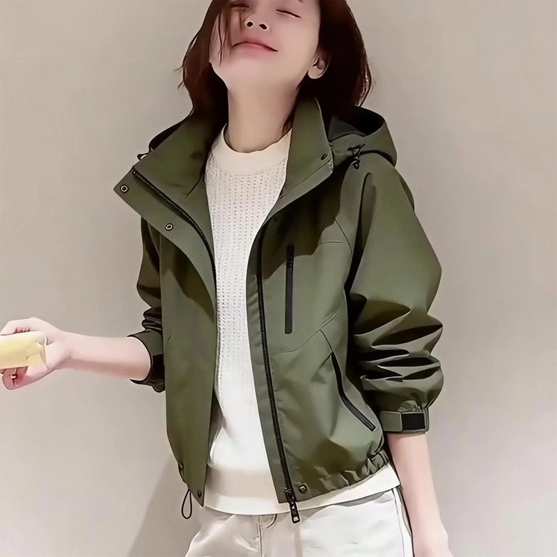 Casual Style Hooded Short Jacket for Women, Autumn Loose Design, Zipper, Slimming Green Casual Jacket Top Casual Style Hooded Short Jacket for Women, Autumn Loose Design, Zipper, Slimming Green Casual Jacket Top