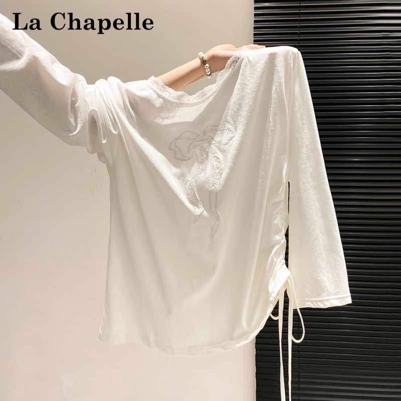 La Chapelle White Lace Off-Shoulder Long-Sleeve T-Shirt for Women 2026 New Summer Bowknot Embroidered Inner Top