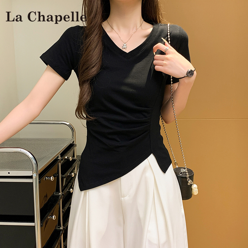 La Chapelle Black Slim-Fit Slit Short-Sleeve T-Shirt for Women 2026 New Summer Regular Shoulder V-Neck Waist-Cinching Slimming Top
