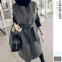 2021 autumn and winter long horse clip Joker sleeveless round neck woolen cashmere coat Korean version belt vest womens clothing