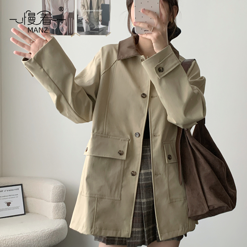 Wait a Minute, Manz Windbreaker for Women with a Contrasting Color Lapel, Loose Windproof Jacket, Short Style for Petite Figures, Mid-Length Style, Plus Size Top