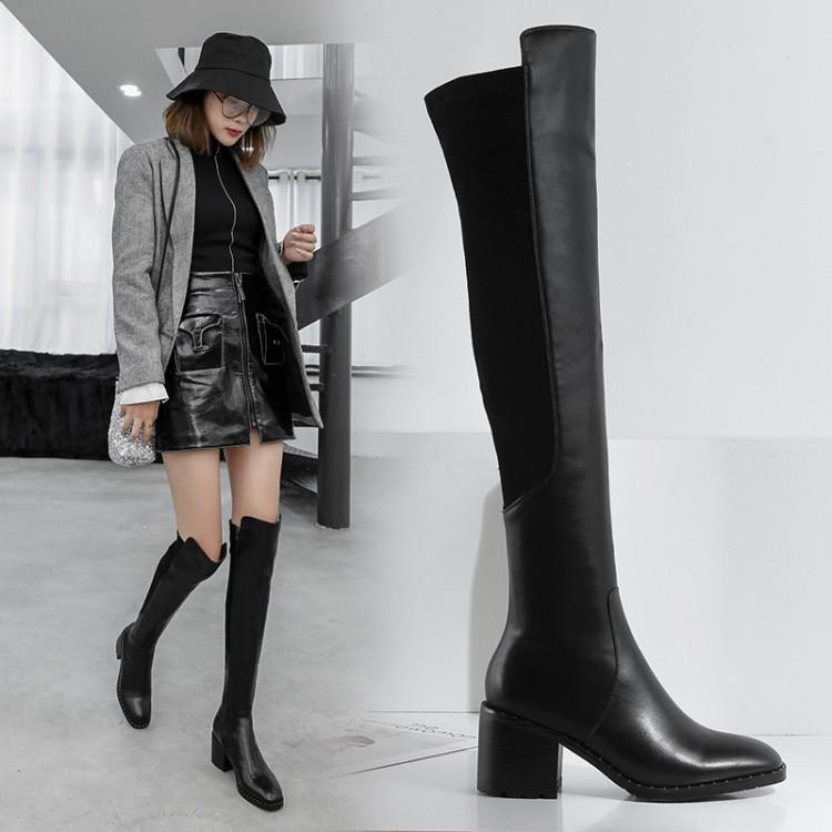 2022 Autumn and Winter New High Heel Chunky Heel Long Boots Genuine Leather Over-The-Knee Martin Boots Women's Leather Boots Slim Leg Elastic Fabric Boots