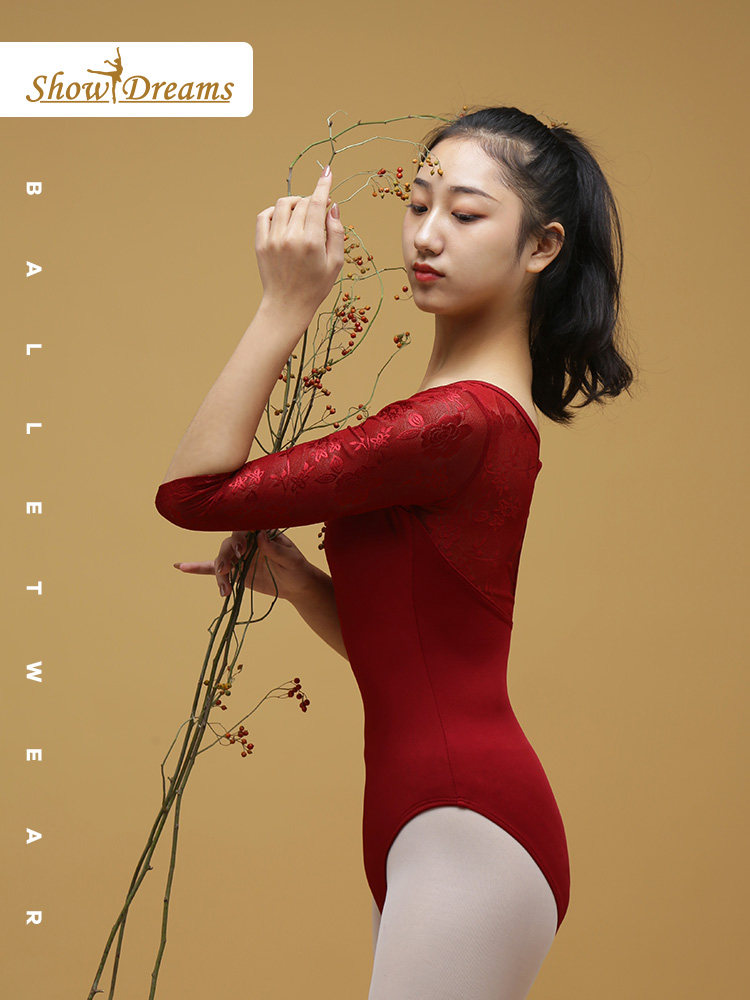 Lace long-sleeved spring and summer art examination women's basic training suit Adult female ballet dance practice suit Gymnastics air suit Yoga