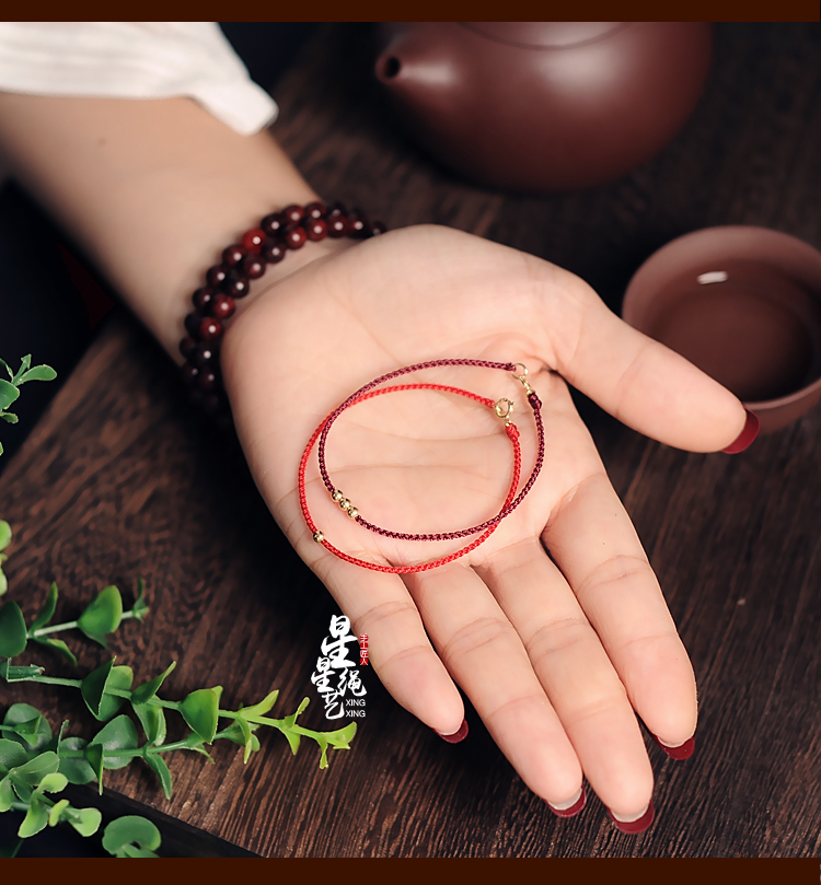 Năm sinh ác thần dây đỏ vòng tay nữ chuyển hạt 14K vàng đan tay nam mắt cá chân chuỗi đôi đơn giản - Vòng chân vòng chân nam