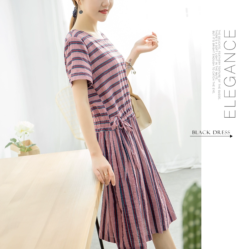 R tính khí ~ cotton và linen nghệ thuật phong cách giản dị ngắn tay vòng cổ sọc dài ăn mặc nữ X0 5 78 váy bút chì