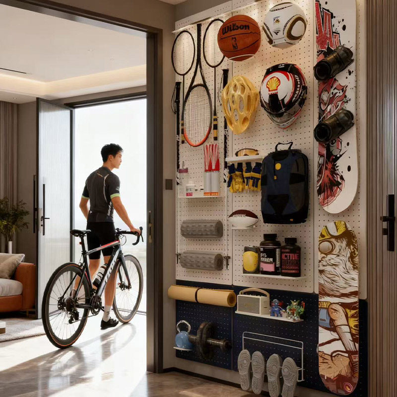 Perforated board storage rack entrance wall storage rack
