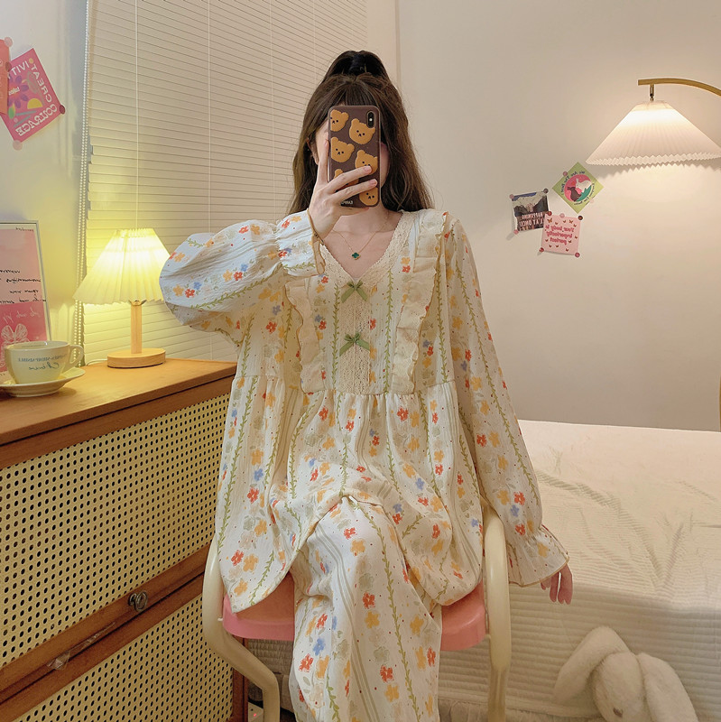 Extra Large Size Sweet Pajamas for Women, Spring and Summer, Loose Long-Sleeved Lace Loungewear Set for Plus-Size Women, Anti-Bump 100kg