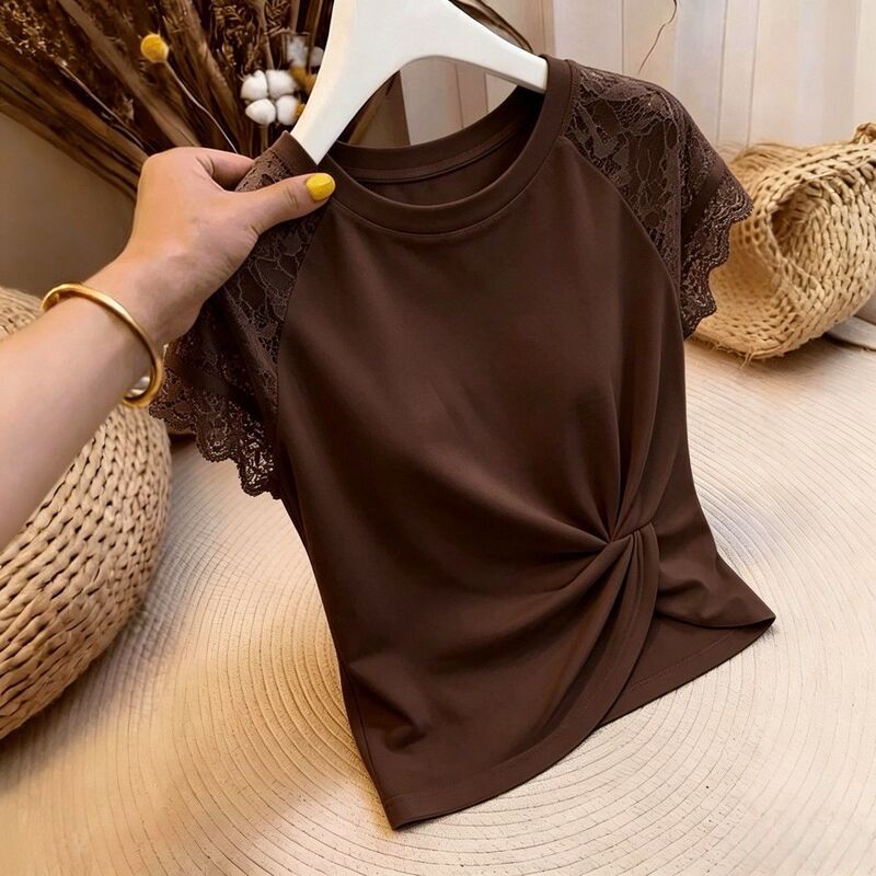 Lace Splicing Twist Design Round Neck Short-Sleeved T-Shirt for Women, New Summer Style, Age-Reducing, Unique and Beautiful Melard Top Lace Splicing Twist Design Round Neck Short-Sleeved T-Shirt for Women, New Summer Style, Age-Reducing, Unique and Beautiful Melard Top