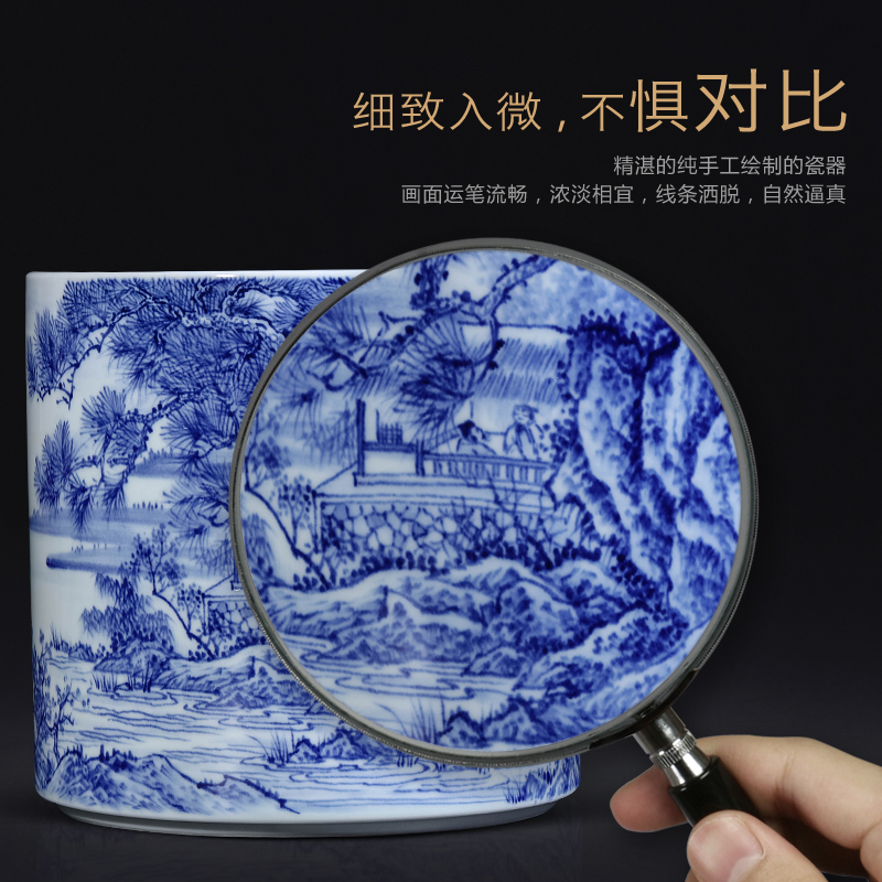 Dong - Ming li jingdezhen blue and white landscape brush pot hand - made ceramics Chinese style living room TV cabinet porch is decorated furnishing articles