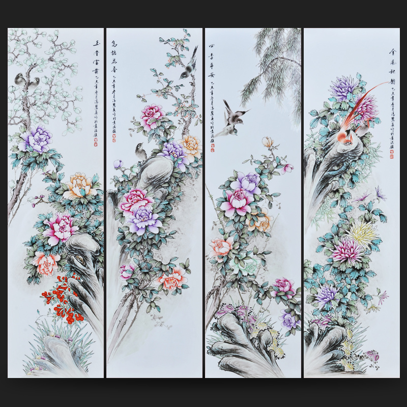 Jingdezhen ceramics Feng Huiying hand - made porcelain plate painting birds and flowers, (2) the four screen sitting room adornment household furnishing articles
