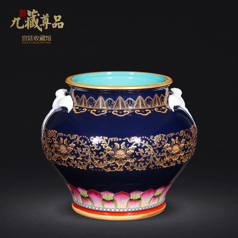 Jingdezhen ceramics antique hand - made ji to pastel blue paint wrap peony lines double yan ear vase furnishing articles