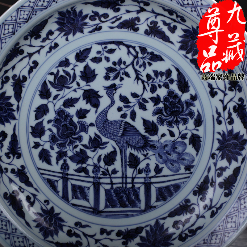 Yuan blue and white peacock jingdezhen ceramics grain hang dish household adornment handicraft furnishing articles sitting room decoration plate