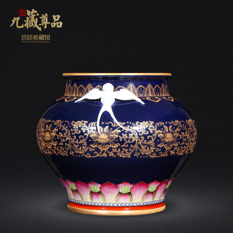 Jingdezhen ceramics antique hand - made ji to pastel blue paint wrap peony lines double yan ear vase furnishing articles