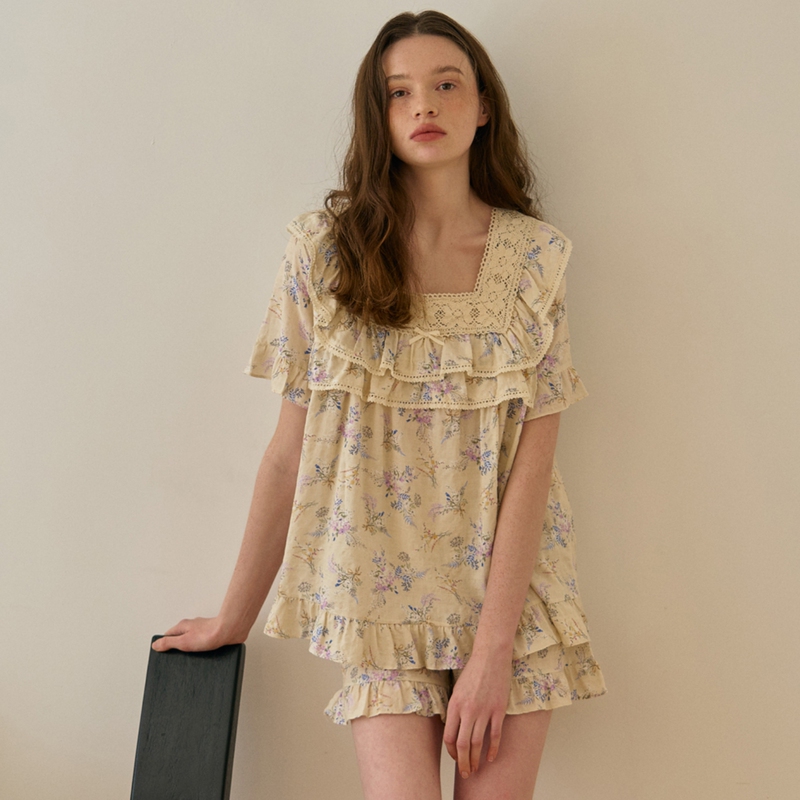 Ullala Korean Home Wear 2026 Summer Sweet Lace Trim Floral Thin Soft Silk Cotton Square Neck Short-Sleeved Pajama Set
