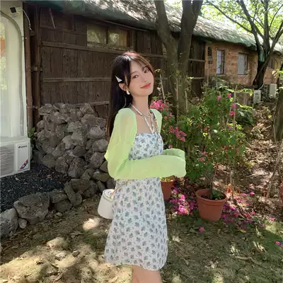 PPHOME summer floral JUE with~fresh girl hanging neck floral suspender dress sunscreen knitted cardigan
