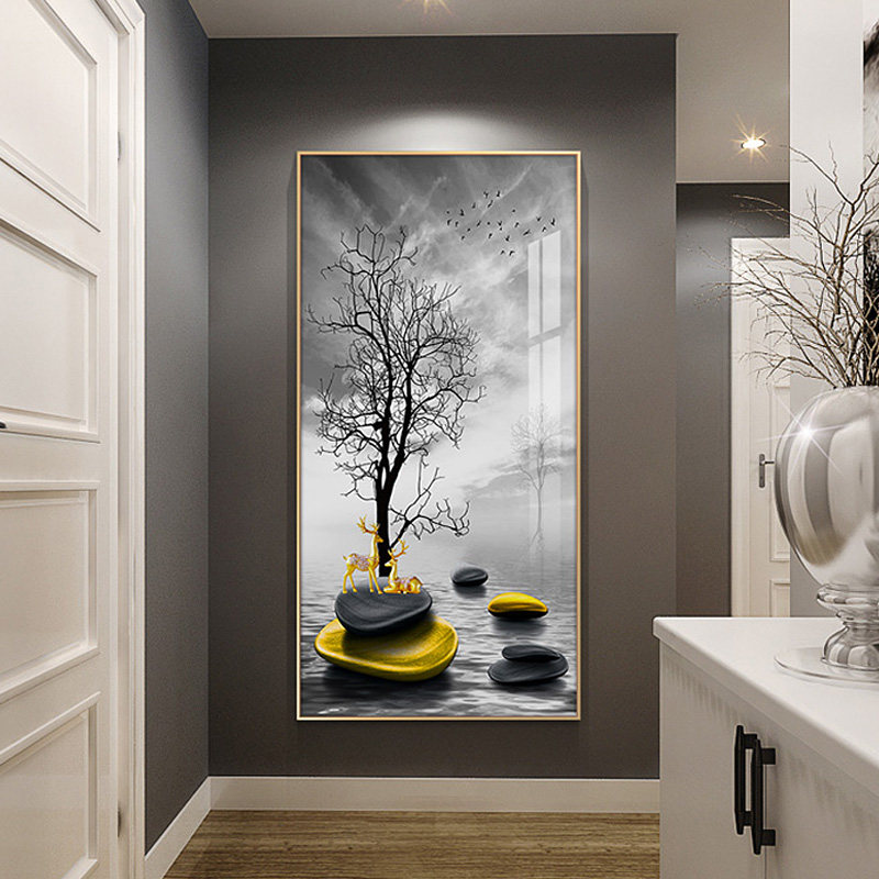 Allegory Xuanguan Decorative Painting Golden Stone Deer Crystal Porcelain Hung Painting Entrance Door Wall Painting Vertical version of crystal porcelain painting